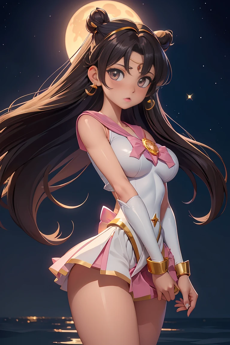 full nude,exposure of skin,Tsukino Usagi,sailor moon, 1 girl, (Magical girl:1.4), dark brown long hair, (Gold Opal Eyes), (crystallization, Sparkling bokeh), Transparent sailor scout uniform, (big breasts:1.25), cleavage, wide hips, small waist, tanned skin, clavicle, parted lips, compensate, blush, shiny skin, night, reflection, full moon, moonlight, Rose,orgasm,ecstasy,exposing a nipple
