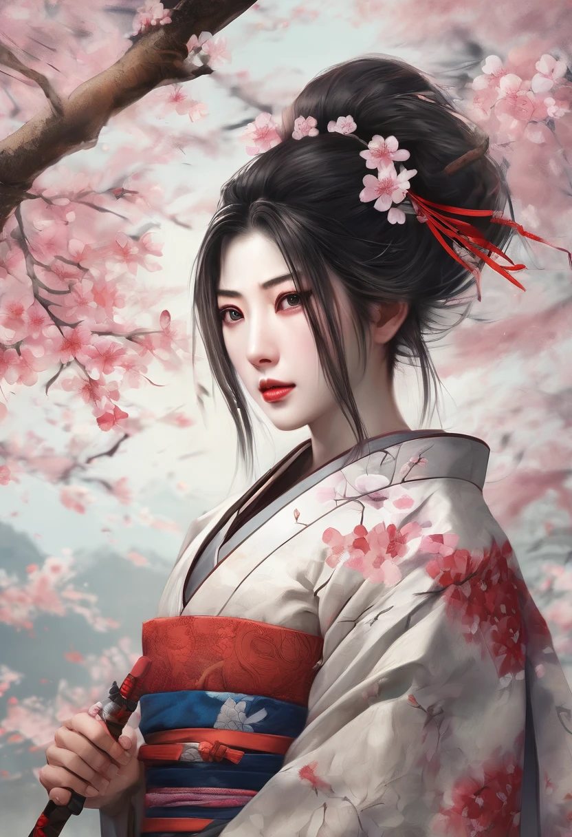 best quality,ultra-detailed,realistic,strong and fierce,on a battlefield,beautiful detailed eyes and lips,traditional Japanese outfit,japanese sword,kimono,Japanese cherry blossom,night scene,bathed in moonlight,courageous,confident,graceful,japanese warrior,traditional armor,warrior spirit,adorned with flowers and ribbons,ancient traditions,strong pose,wind blowing through her hair,battle scars,serious expression,determination,vivid colors,soft lighting, Kimono,