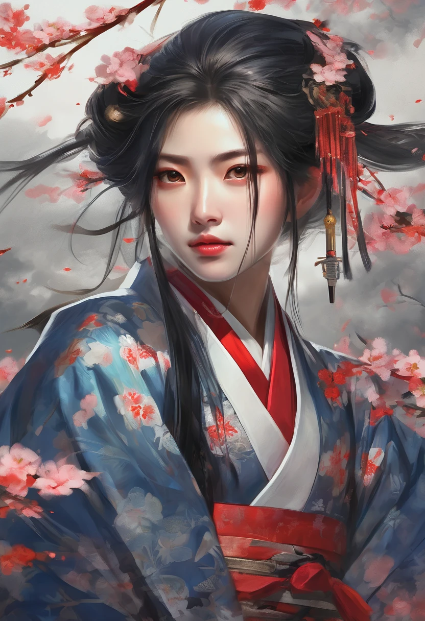 best quality,ultra-detailed,realistic,strong and fierce,on a battlefield,beautiful detailed eyes and lips,traditional Japanese outfit,japanese sword,kimono,Japanese cherry blossom,night scene,bathed in moonlight,courageous,confident,graceful,japanese warrior,traditional armor,warrior spirit,adorned with flowers and ribbons,ancient traditions,strong pose,wind blowing through her hair,battle scars,serious expression,determination,vivid colors,soft lighting, Kimono,