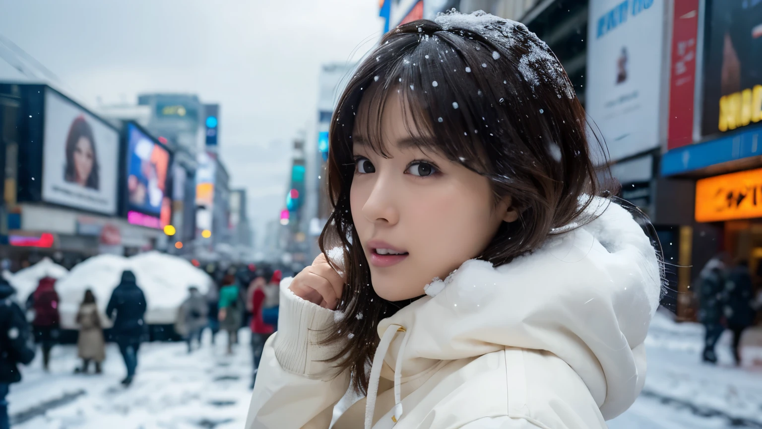 (masterpiece:1.2), ultra detailed, ultra high res, (realistic, photo realistic:1.37), high detail RAW color photo, professional photograph, extremely detailed face, extremely detailed eyes, extremely detailed skin, extremely detailed fingers, highly detailed nose, highly detail mouth, Perfect Anatomy, Highly detailed background, (actress of Japan:1.2), (gyaru:1.3), (flat chest), brown race, dark skin, very shortcut hair, shadows, messy hair, full body, cotton padded jacket, white hoodie, snow on hair, (snow in the sky:1.6), cinematic lighting, Times Square at New York for New year eve, (full body:1.3), night time, (fire works), count down, (facial profile, side view, looking at sky),