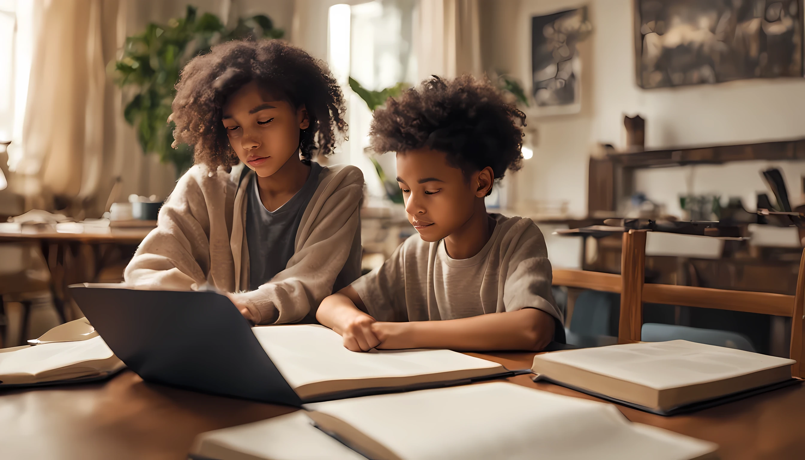 image of a girl and boy studying together in a living room with 2 or 3 books on the table, lofi style, one of the people is mixed race, best quality,8k,uhd,ultra-detailed, they are about 18 years old