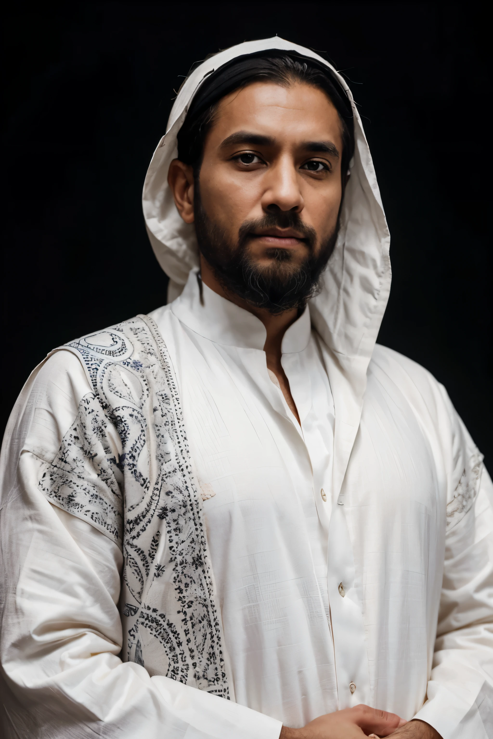 (highres,realistic) In a black background, a Muslim scholar in a thobe stands and faces us. He is wearing a white robe with intricate patterns and calm colors. The man's eyes are gentle and expressive, with a deep sense of wisdom and kindness. His beard is long, complementing his dignified appearance. He is in his 50s. In the dim lighting, his face is highlighted, capturing every intricate detail of his features. The soft shadows add depth and realism to the image. The black background serves as a stark contrast, emphasizing the man's presence and the calm colors of his attire. The image exudes a sense of respect. His body is also covered not exposing his body.