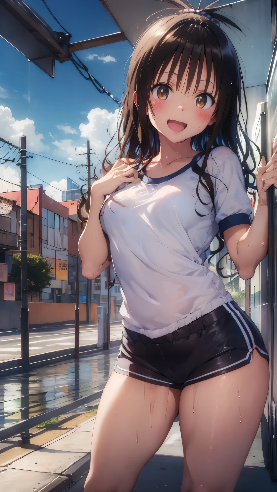 1 female,black hair,((************)),(((White short-sleeved gym uniform and blue shorts)))(((blush、open mouth smile)),(((Yuki Mikan))),crowd(**** girl body shape)(((small breasts)))sexy pose,((wet with sweat))Outside playground