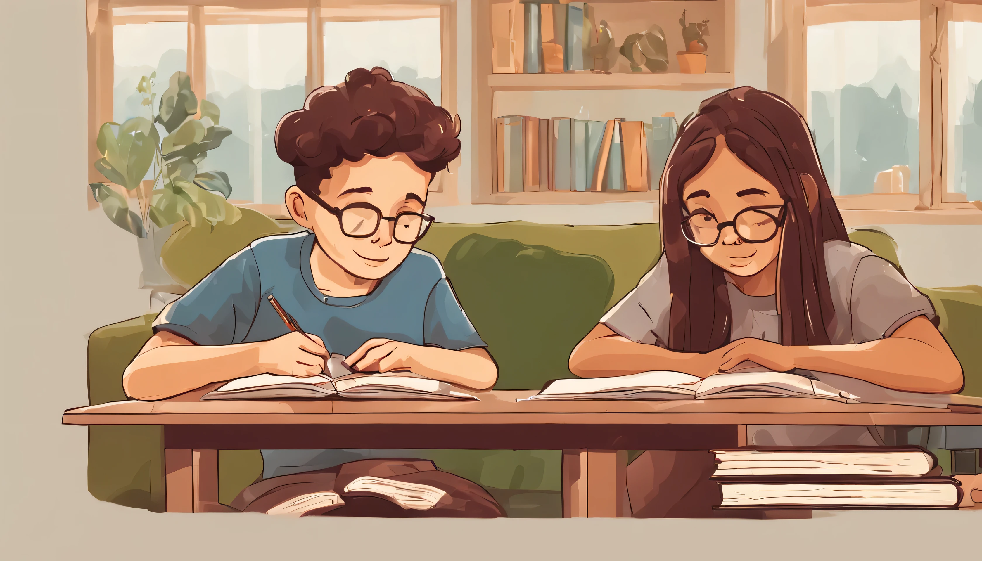 image of a girl and boy studying together in a living room with 2 or 3 books on the table, lofi style, one of the people is mixed race, best quality,8k,uhd,ultra-detailed, they are about 18 years old