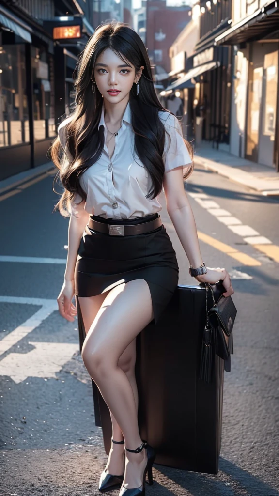 ผู้หญิงญี่ปุ่นที่charming, charming, charmingน่าหลงใหล, ((black hair, long hair long hairมาก, long hairตรง, long hair, The wind is blowing)), ((Beautiful Woman, The texture is realistic., elegant, big girl, dynamic gesture)), ((white short sleeve shirt The shirt is thin and the skin is visible., The chest is clearly visible., Seeing the chest mound., You will see a pile of milk.)), ((short skirt, Black pencil skirt, Black pencil skirtพร้อมเข็มขัดผู้หญิง, Black leather skirt with women&#39;s belt)), ((Symmetrical shape, sexy figure)), ((The heel is completely black., earring, Put on a watch, women&#39;s jewelry)), ((full body photo, Look at every part of the body.)), ((university backdrop))