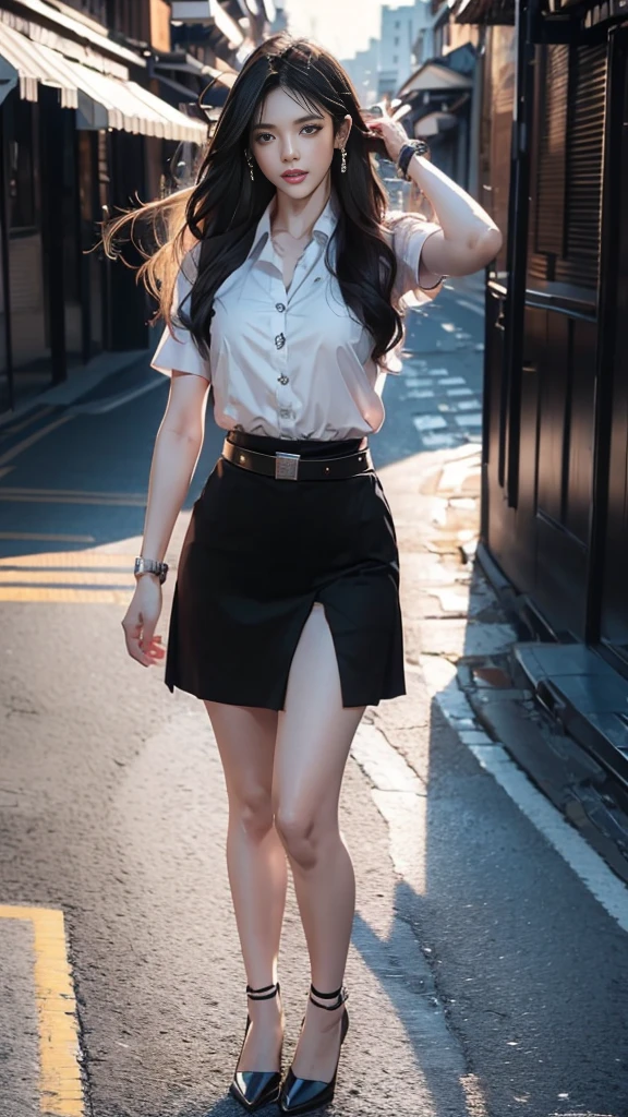 ผู้หญิงญี่ปุ่นที่charming, charming, charmingน่าหลงใหล, ((black hair, long hair long hairมาก, long hairตรง, long hair, The wind is blowing)), ((Beautiful Woman, The texture is realistic., elegant, big girl, dynamic gesture)), ((white short sleeve shirt The shirt is thin and the skin is visible., The chest is clearly visible., Seeing the chest mound., You will see a pile of milk.)), ((short skirt, Black pencil skirt, Black pencil skirtพร้อมเข็มขัดผู้หญิง, Black leather skirt with women's belt)), ((Symmetrical shape, sexy figure)), ((The heel is completely black., earring, Put on a watch, women's jewelry)), ((full body photo, Look at every part of the body.)), ((university backdrop))