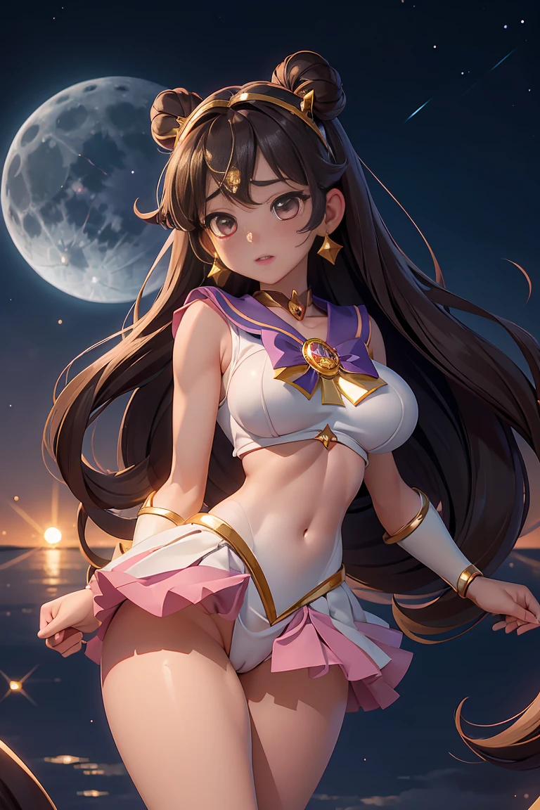 full nude,exposure of skin,Tsukino Usagi,sailor moon, 1 girl, (Magical girl:1.4), dark brown long hair, (Gold Opal Eyes), (crystallization, Sparkling bokeh), Transparent sailor scout uniform, (big breasts:1.25), cleavage, wide hips, small waist, tanned skin, clavicle, parted lips, compensate, blush, shiny skin, night, reflection, full moon, moonlight, Rose,orgasm,ecstasy,exposing a nipple,She spreads her legs and seduces me.,show crotch