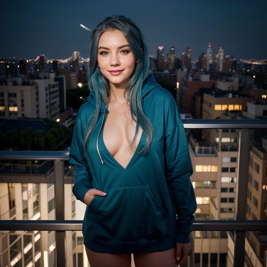 Hyper realistic Model, light makeup, blue hair, thick hair, green eyes, smiling, wearing a navy blue hoodie , heart shaped lips, standing in balcony, new york city lights in background.