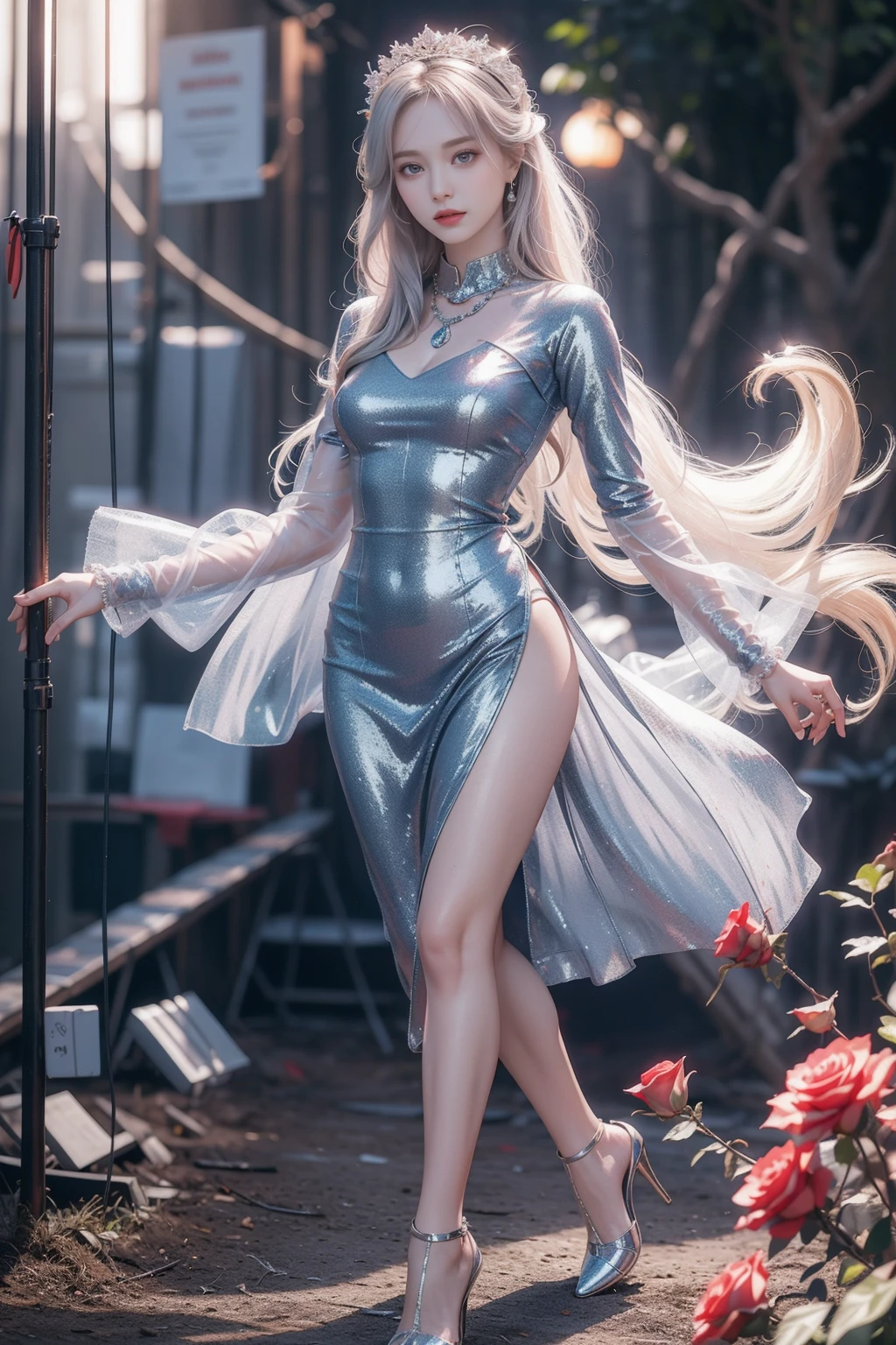 highest quality、8k Masterpiece、超A high resolution、(Photorealistic:1.3)、RAW Photos、1 girl、Silvery white super long hair、Glowing Skin、1. Super-beautiful Cyberpunk Soldiers、((Ultra-Realistic Details))、Portrait、Global Illumination、Shadow、Octane Rendering、8k、Super sharp、Beautiful breasts、Metal、Cold colors、、Very intricate details、Realistic Light、CGSoation Trend、Beautiful Eyes、Shining Eyes、To the camera、Neon Details、２０age、Too beautiful face、Intelligence、Obscene、Sexy、Moe、smile、whole body、Healthy Body、Manhattan at night in the background、Helipad on a high-rise building、love、Long Hair、Charm、mischievouore sexy、Hands on chest、Make your background more vibrant、White Party Dress、Future、Angle to toes、Whiter skin、White High Heels、Standing posture、More realistic facial features、smile、Retrospective、wide shot、full body、Silver charm on the ankle、More realistic Japanese faces、Long dress、Panoramic view of buildings