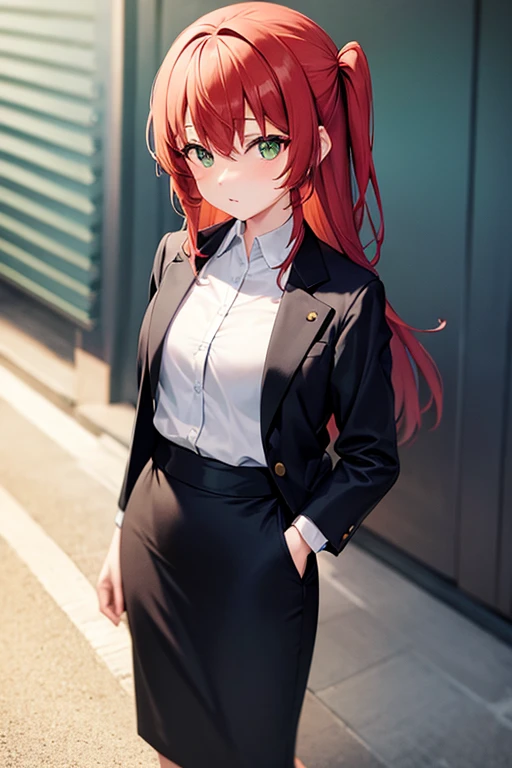 1girl, ikuyo kita, beach background, beach, suit, office lady, black skirt, black blazer, pencil skirt, skirt suit, medium length skirt, white shirt, collared shirt, long hair, teenager, looking at viewer, full body