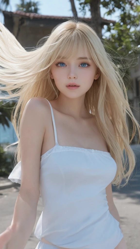 Super long blonde hair dancing in the strong wind gets in the way of my cute face、Sexy big breasts、20 year old cute sexy little beautiful face、Shining bright straight super long blonde hair、Long silky bangs that cover between the cute and beautiful eyes、Extremely long straight blonde silky hair、sexy and cute beautiful young girl、Clear white shiny skin、Shiny skin、gross face、cheek gloss、Very beautiful pale blue eyes、Beautifully shining, very large bright light blue eyes、small face beauty、perfect beauty、round face