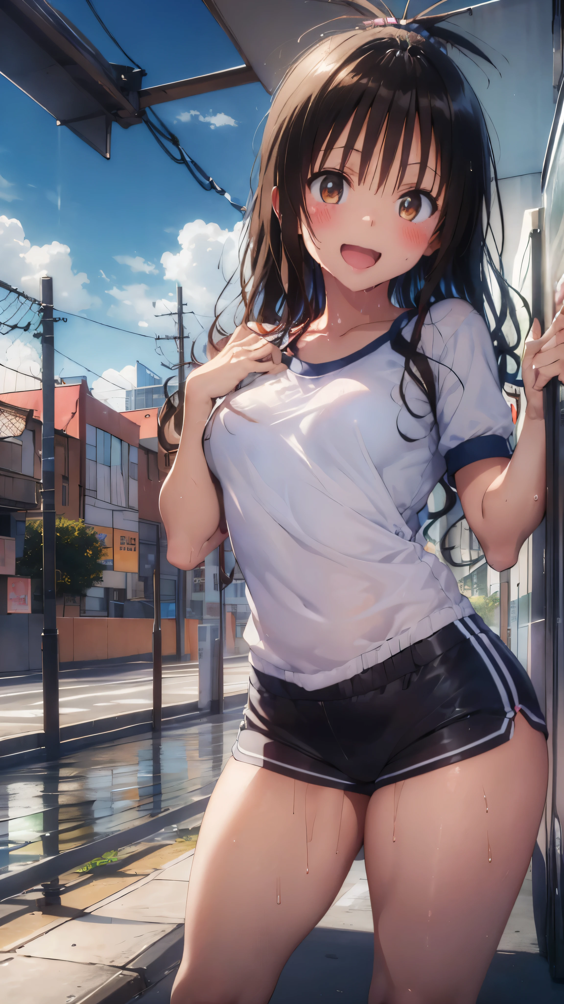 1 female,black hair,((12 years old)),(((White short-sleeved gym clothes and blue shorts)))(((blush、open mouth smile)),(((Yuki Mikan))),crowd(baby girl body shape)(((small breasts)))sexy pose,((wet with sweat))outdoor playground