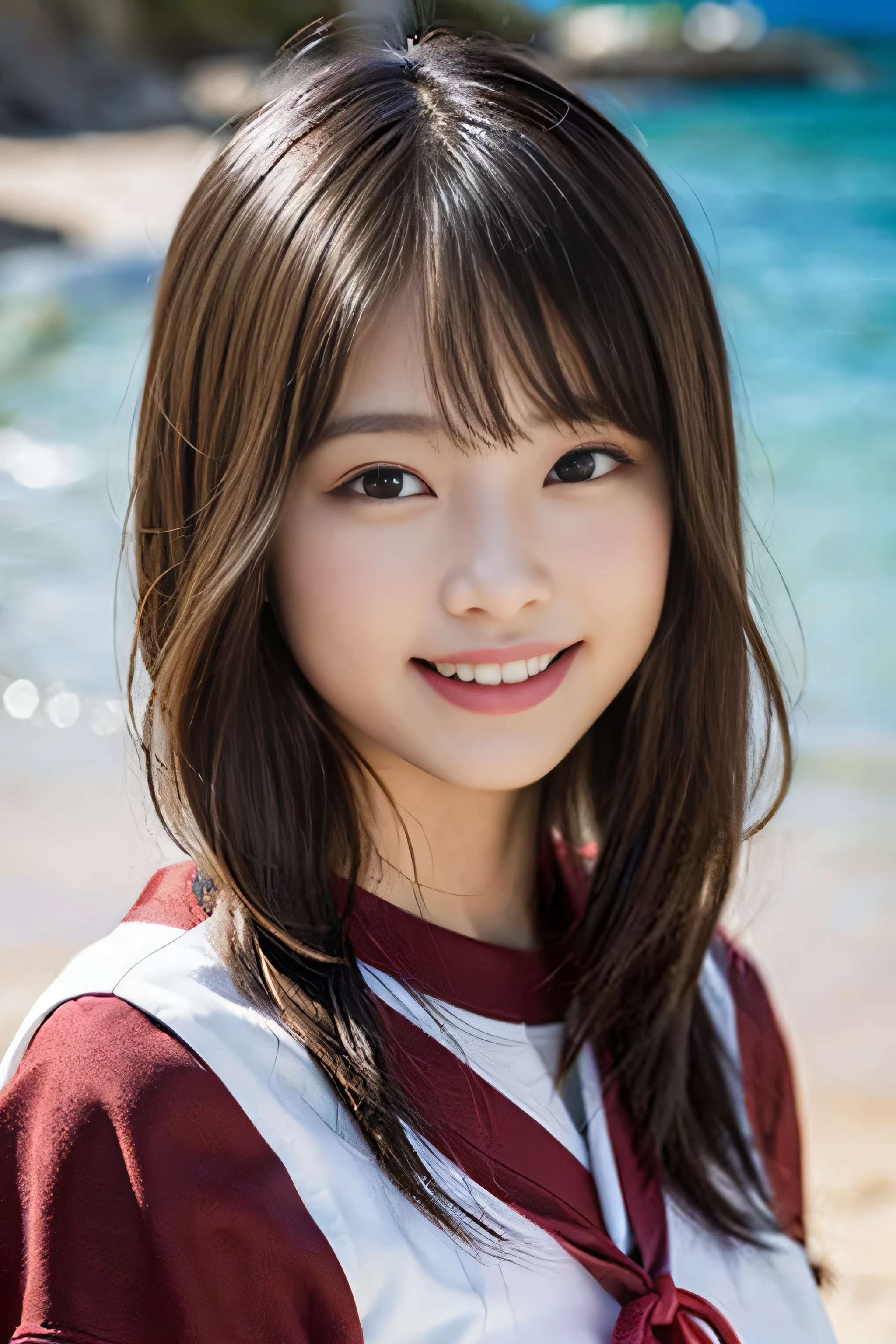 (8K、Raw photography、top-quality、​masterpiece:1.2)、(realisitic、Photorealsitic:1.37)、ultra-detailliert、超A high resolution、女の子1人、see the beholder、beautifull detailed face、A smile、Constriction、(Slim waist) :1.3)、Beautiful detailed skin、Skin Texture、Floating hair、Professional Lighting、Whole human body、Longhaire、a blond、japanese hight school uniform、a sailor suit、Bob Hair、Happy smile、sixteen years old、Red ribbons、a baby face、Childish smile、Suppin、Moisturizing lips、sand beach、the beach、夏天、F Cup Breasts