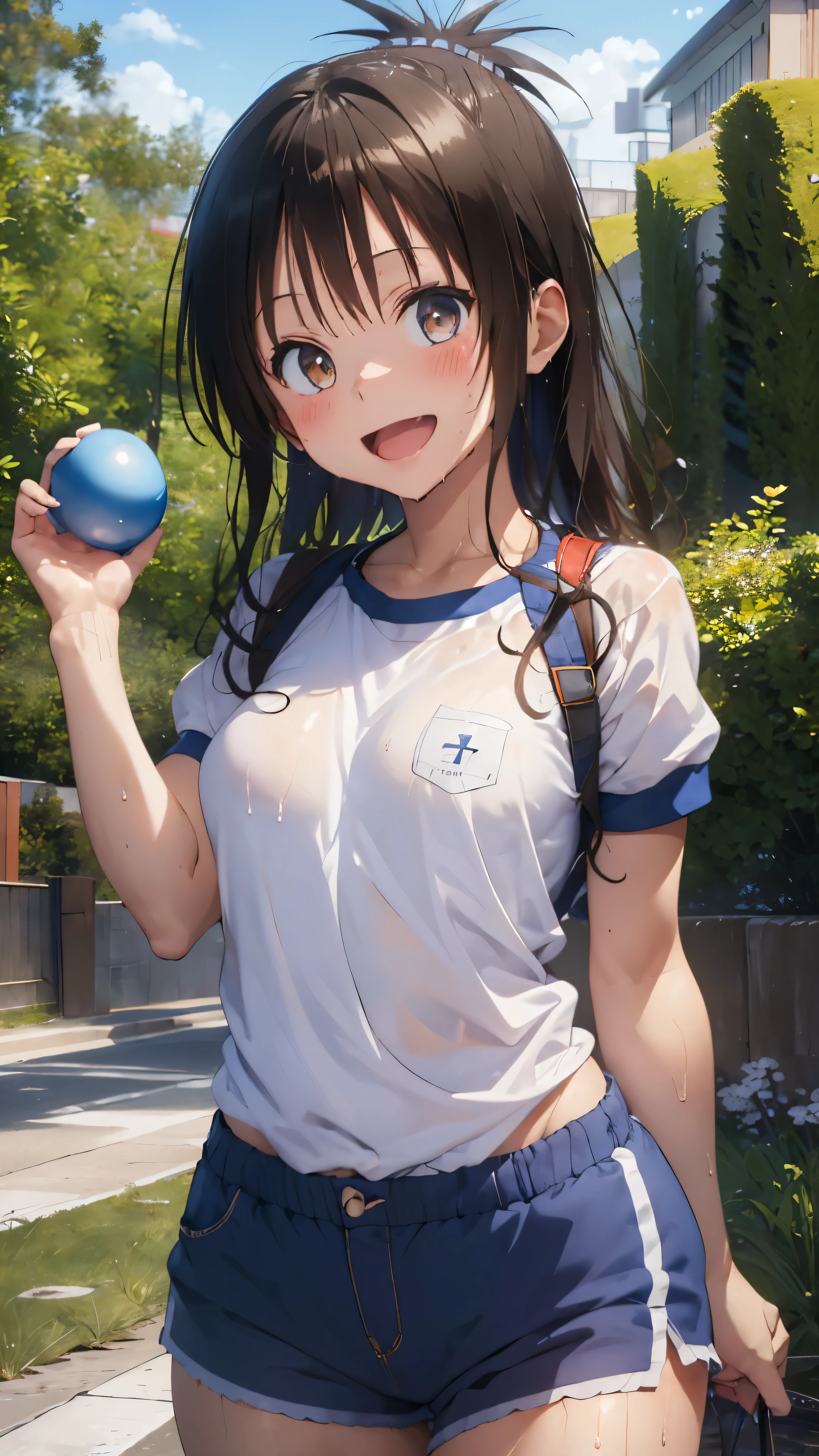 1 female,black hair,((************)),(((White short-sleeved gym clothes and blue shorts)))(((blush、open mouth smile)),(((Yuki Mikan))),crowd(baby girl body shape)(((small breasts)))sexy pose,((wet with sweat))outdoor playground