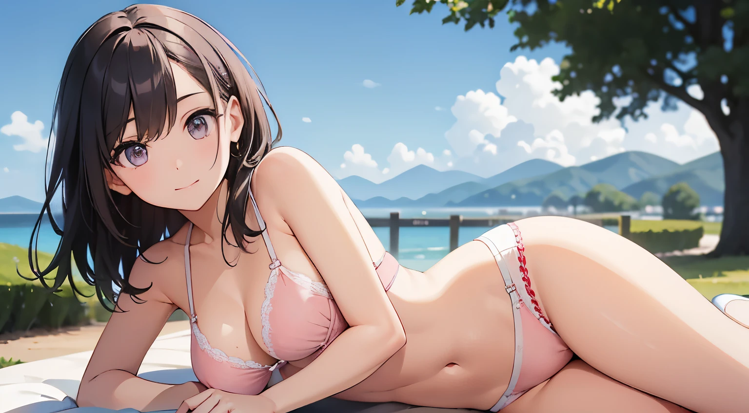 muste piece、highest quality、High resolution、girl、cute、brown eyes、beautiful eyelashes, realistic eyes、White and pink bra、White and pink panties、Wearing only underwear、Smooth texture:0.75、blue sky outdoors、cuteブラ、cuteパンティ