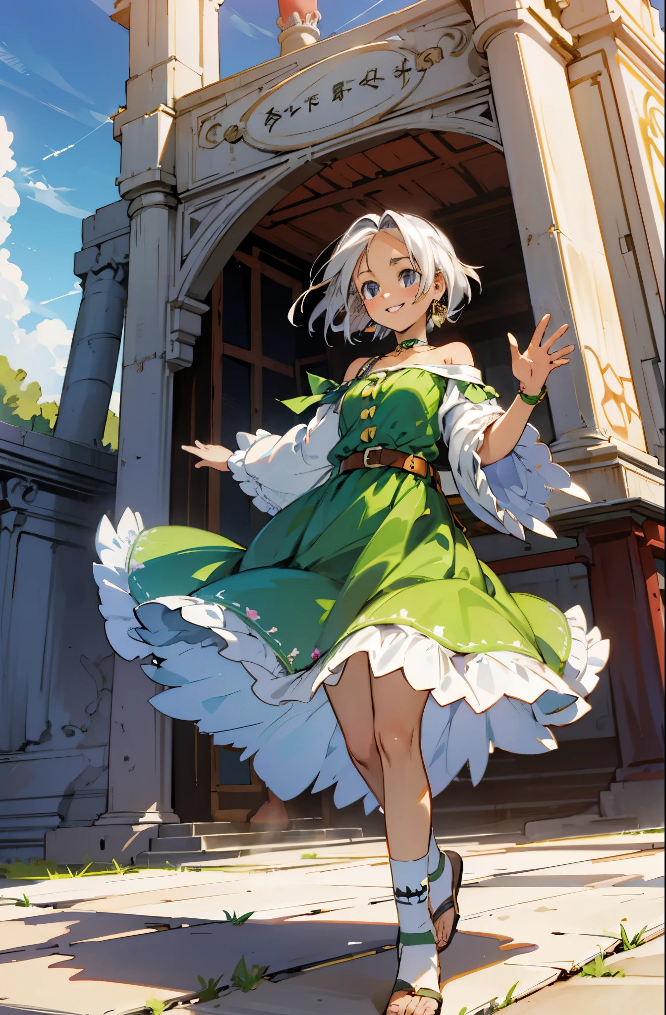 Izana Kurokawa, 1 girl, white hair, fantasy world, Remains, Bang, beautiful sky, shining sky, sunlight, smile, waving, Ruffled Socks, sandals, belt, Wristband, ribbon choker, Dresses that blow the wind, White lace dress, Off-shoulder sleeve, both hands, perfect fingers, five fingers, beautiful eyes