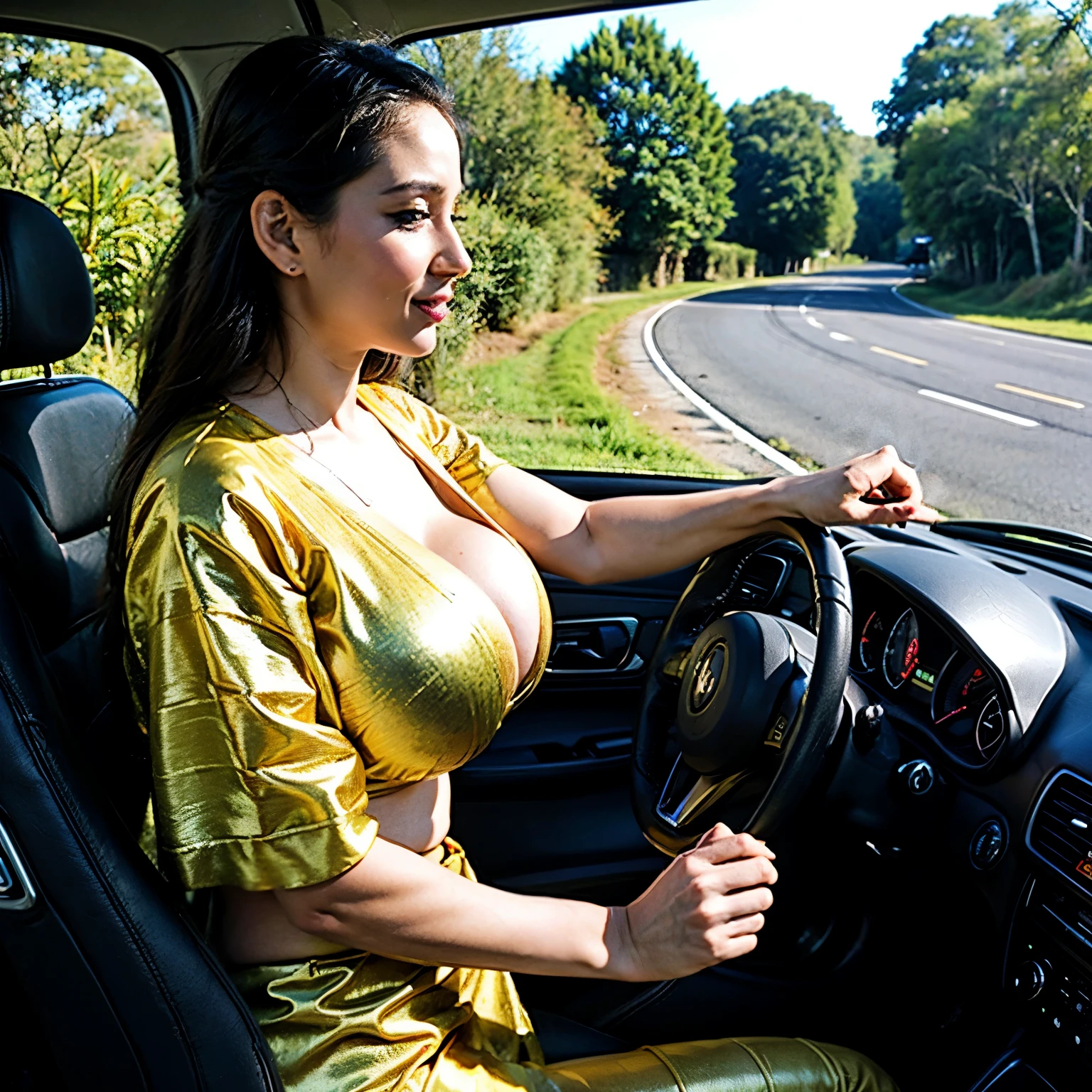 "Generate an image of a thick woman with huge breasts adorned in a golden saree confidently driving a car along a jungle path. Capture the side view from the passenger perspective, emphasizing her focused gaze on the road, seamlessly blending the traditional elegance of the saree with the modern context of driving through a lush jungle."