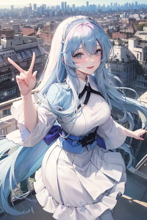 official art, masterpiece, 锋利的焦点美丽华丽可爱的South Korea女人:1.3), (美丽可爱的South Korea人:1.3), South Korea, exquisite beautiful hair、eyes and face, actual, Super detailed, beautiful girl, blue sky, Luminous white particles, (side light:1.2), sunshine, Baiyun, Detailed cloud, thin and long, lovely big breasts and big hips, smile with teeth, ((smile with eyes, open your eyes)), landscape, long, straight hair, facial expression, architecture, (city View:1.7), dynamic hair, long, straight hair, Detailed platinum pink hair, Luminous Blue Eyelue Pleated Shirt + white skirt), white stockings, pale skin, hair accessories, epic landscape,exposed