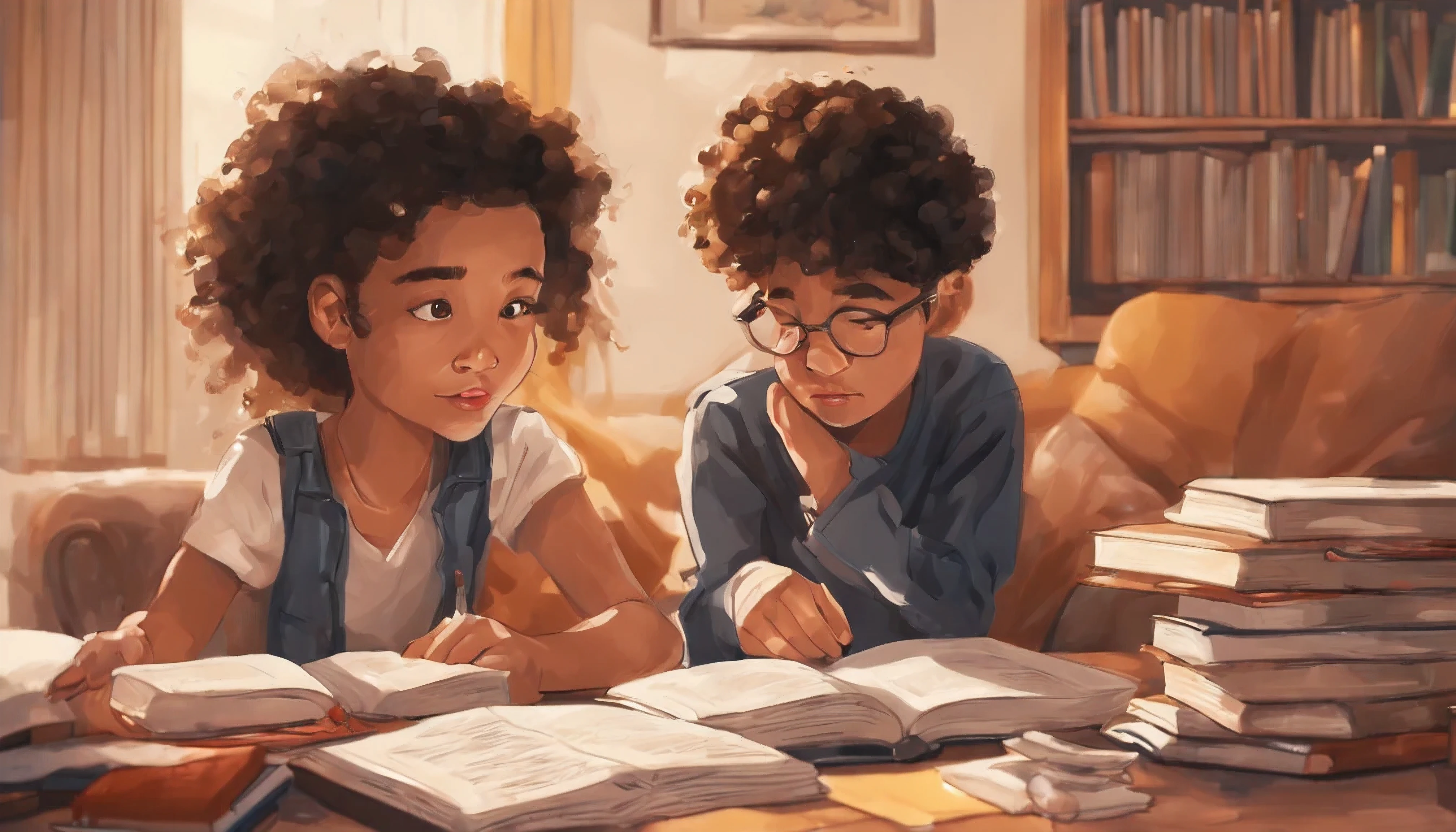 image of a girl and boy studying together in a living room with 2 or 3 books on the table, lofi style, one of the people is mixed race, best quality,8k,uhd,ultra-detailed, they are about 18 years old