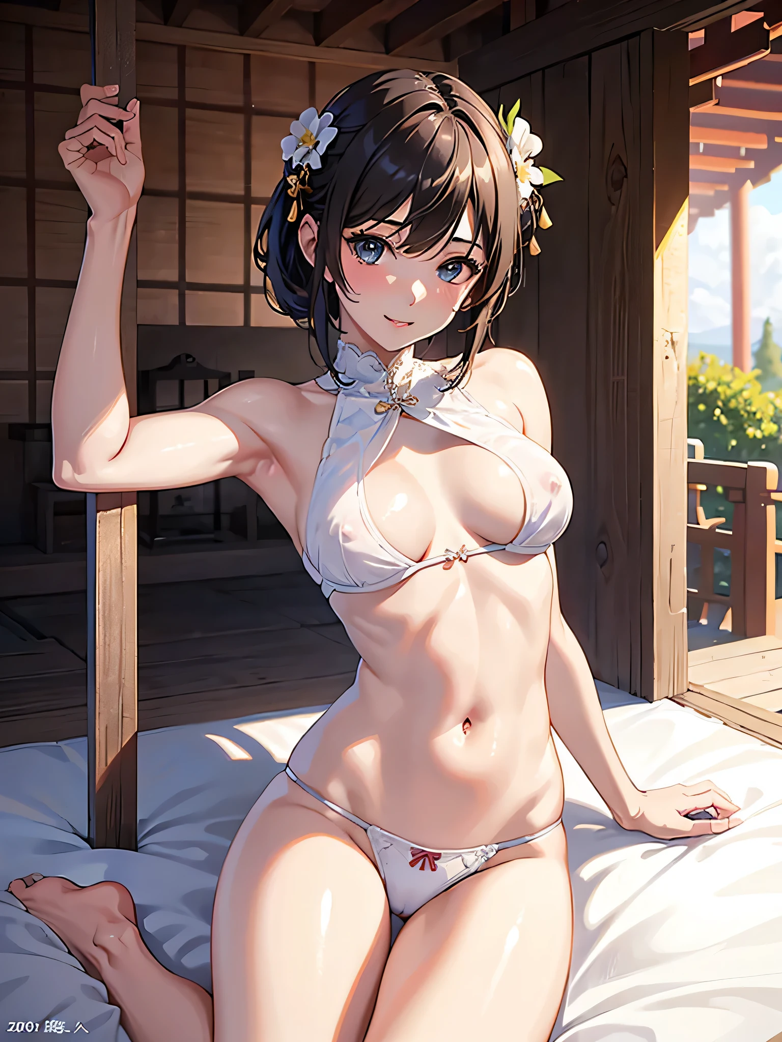 anime style,(8K, Raw photography, top-quality, masterpiece: 1.2), Super Detail, ultra high resolution, (Realistic and realistic photos: 1.37), high-definition RAW color photography, extremely delicate and beautiful, ighly detailed, Skin Color, Phenomenally cute, Medium chest, slender body, sexy semi-nude model, Happy smile, (japanese:1.3),17years old, 1girl, solo, bedroom ,Ultra high definition white bra and panties, erect nipples, charming, Looking at the camera,