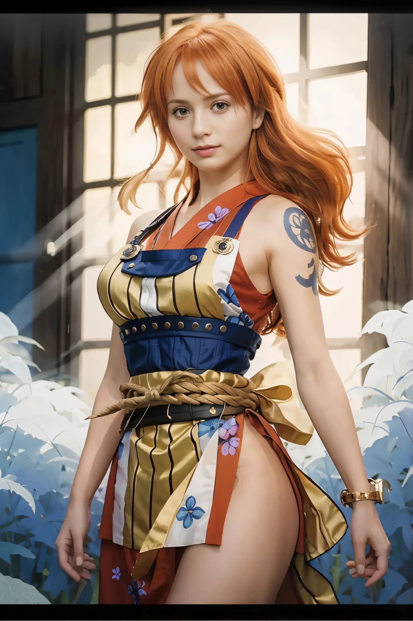 (masterpiece), (realistic), (ultra detailed), ( high reest quality), (photorealistic), (perfect face), (perfect anatomy), woman, female, solo, Swede, Swede , nami from one piece, nami, long haircut, orange hair, long haircut with side bangs, wearing an orange kimono with a floral motif, wearing samurai armor, behind the character there is white mist and a wooden castle door