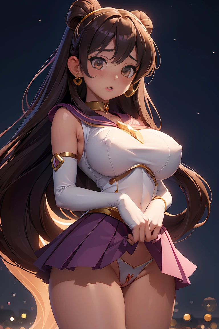 full nude,exposure of skin,Tsukino Usagi,sailor moon, 1 girl, (Magical girl:1.4), dark brown long hair, (Gold Opal Eyes), (crystallization, Sparkling bokeh), Transparent sailor scout uniform, (exposed big breasts:1.25), cleavage, wide hips, small waist, tanned skin, clavicle, parted lips, compensate, blush, shiny skin, night, reflection, full moon, moonlight, Rose,orgasm,ecstasy,Exposed nipples,She spreads her legs and seduces me.,show crotch