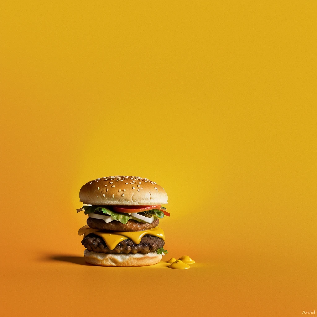 ((arte minimalista ), hamburger dividido ao meio, fundo em gradiente radial em tons amarelos,  