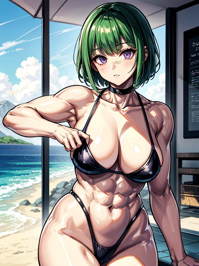 (((masterpiece、Highest image quality、highest quality、highly detailed unity 8kwallpaper)))、((Illustration of one girl))、(((beautiful girl)))、((green hair、pixie cut:1.5、sidelocks、purple eyes))、(stocky build, thickset physique, muscular legs:1.5, broad shoulders, solid chest:1.6)、swimsuit、sandy beach