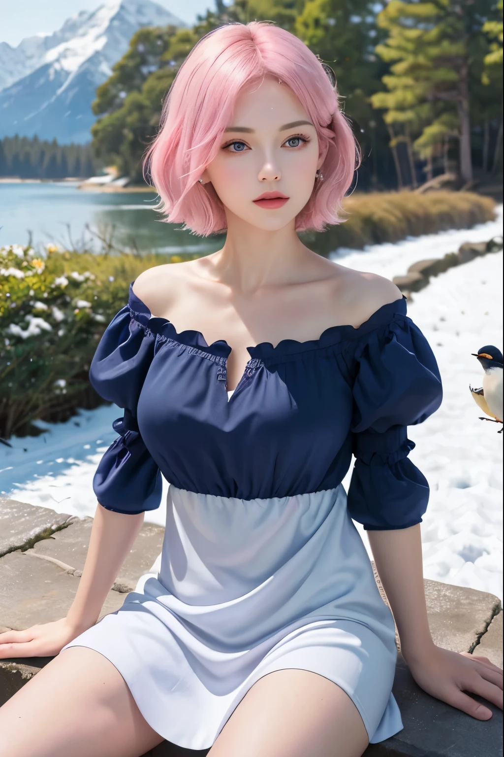 (8K, top-quality, masterpiece:1,2), (reallistic, Photorealsitic:1.37), Super Detail, One girl,), (Highly detailed), (beautifully detailed eyes), (of the highest quality), (super detailed ), (masterpiece), (Detailed face),20yr old, ,1 girl, full body, pink hair,Very short hair, medium breasts, clothed, Perfect Lighting, pussy and breast focus, looking at viewer, aroused face, naughty face, Mountains, forests, birds, ((princess, wariza, Snow White, playing with birds, navy blue and white dress))