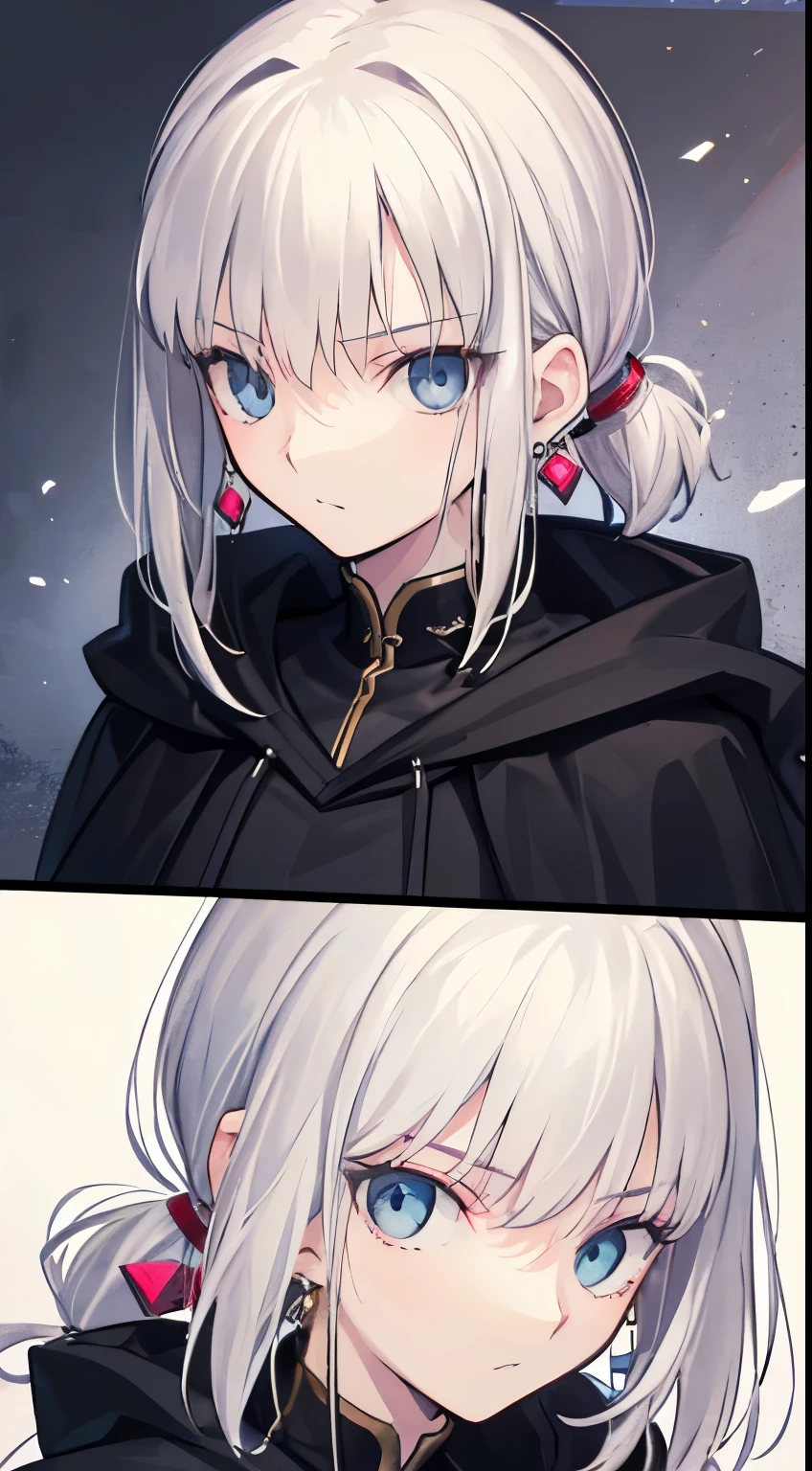 ((Suspicious man&#39;s daughter))、big empty blue eyes,  petite and slender,   ((gray hair,)),(low ponytail hair), In 8K, top quality, (highly detailed head: 1.0), (very detailed face: 1.0), (highly detailed hair: 1.0),((flashy black magic robe))、 black earrings, Detailed official artwork,  clean detailed anime art,sex appeal, cool look