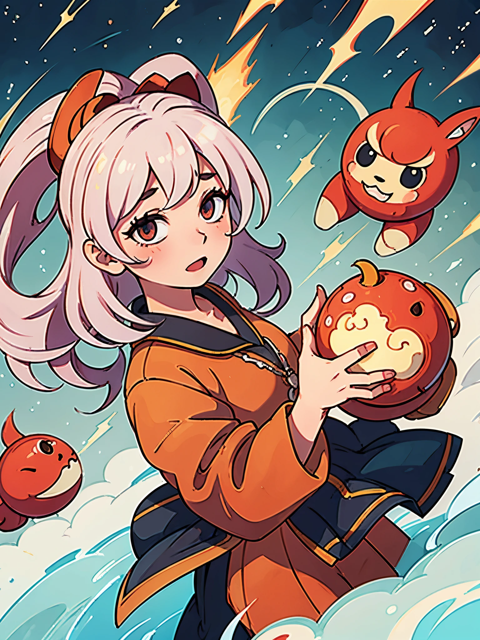 anime illustration、cute日本の鬼、Akaoni、lightning、Akaoni、Japanese red demon、lightning、cute
