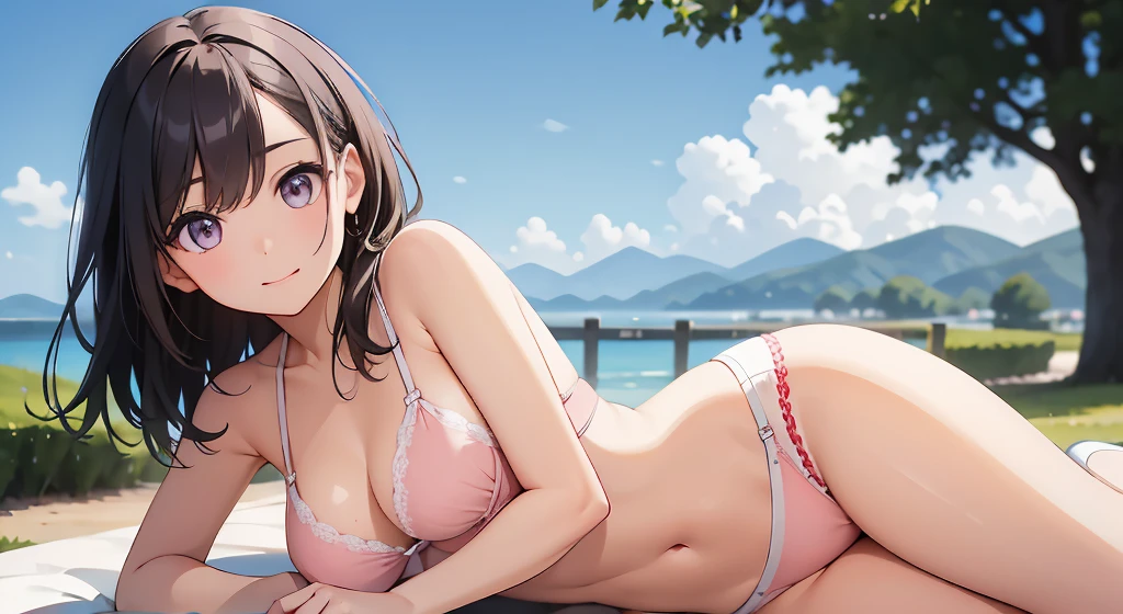 muste piece、highest quality、High resolution、girl、cute、brown eyes、beautiful eyelashes, realistic eyes、White and pink bra、White and pink panties、Wearing only underwear、Smooth texture:0.75、blue sky outdoors、cute花柄のブラ、cute花柄のパンティ、