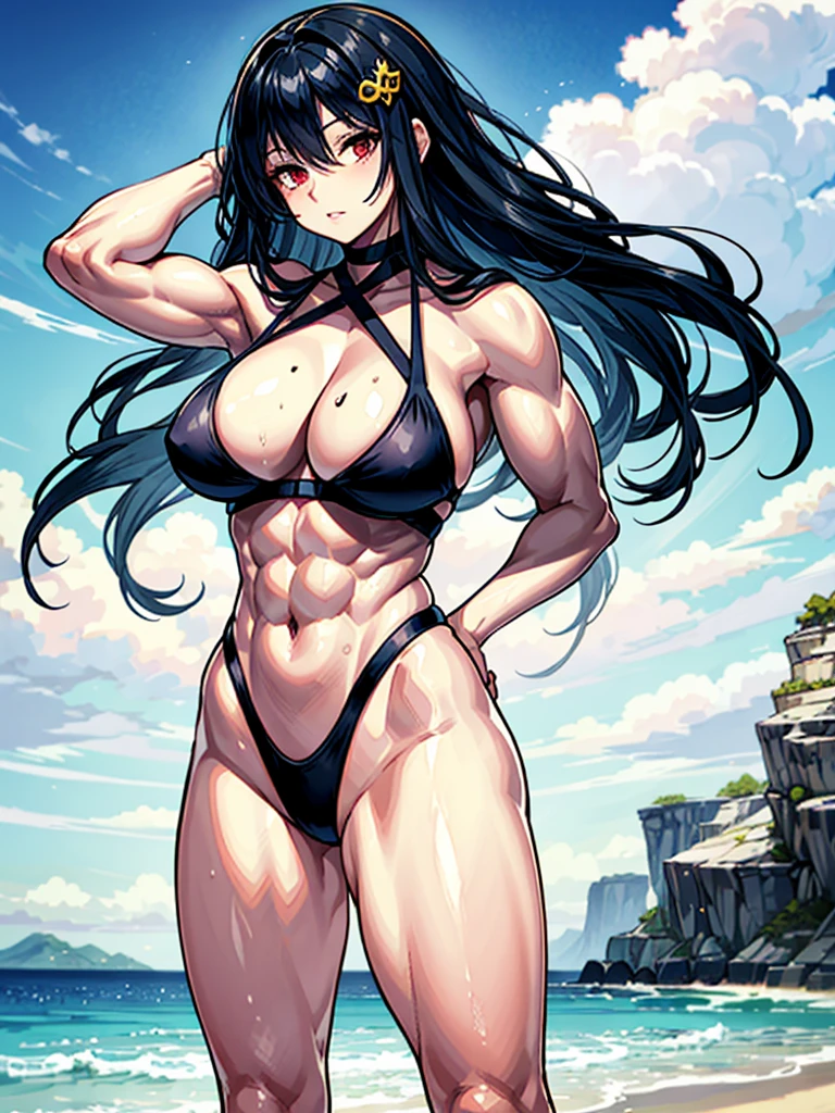 (((masterpiece、Highest image quality、highest quality、highly detailed unity 8kwallpaper)))、((Illustration of one girl))、(((beautiful girl)))、((black hair:1.4、straight hair、Very Longhair、golden hair ornament、red eyes))、(((sanpaku:1.6)))、(((sanpaku:1.6)))、(tall:1.3、stocky build:1.6, thickset physique:1.3, muscular legs, broad shoulders:1.3, solid chest:1.3)、swimsuit、sandy beach