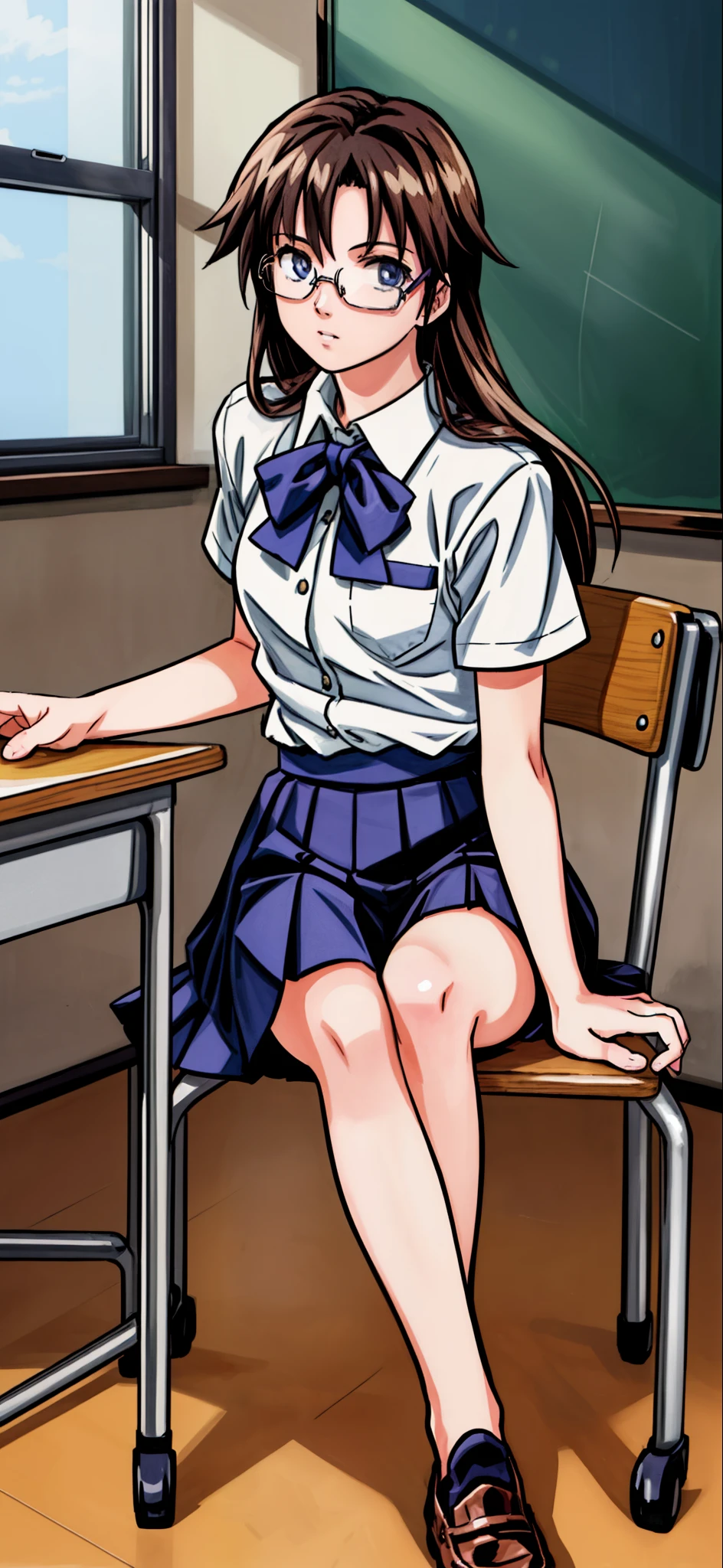 (highest quality,4K,8K,High resolution,table top:1.2), super detailed, (realistic,photorealistic,photo-realistic:1.37), background:school classroom,Taking classes,looking away,sitting in a chair,resting left elbow on desk,Glasses Girl, Unfortunate,((black hair)),((long hair)),high school uniform, loafers,beautiful and fine eyes, beautiful detailed lips, highly detailed eyes and face, long eyelashes, realistic anime 3D style, Smooth anime CG art, Digital rendering by Makoto Shinkai, Moe anime art style, photorealistic rendering of an anime girl, Shinkai Makoto style, Cute anime girl visuals, realistic young anime girl, girl fan art, Created by Anime Artist&#39;studio of.