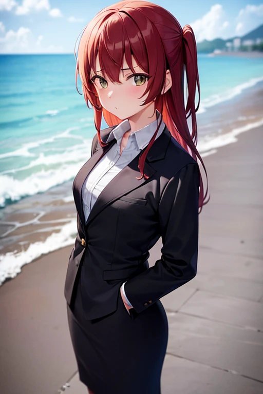 1girl, ikuyo kita, beach background, beach, suit, office lady, black skirt, black blazer, pencil skirt, skirt suit, medium length skirt, white shirt, collared shirt, long hair, teenager, looking at viewer, full body