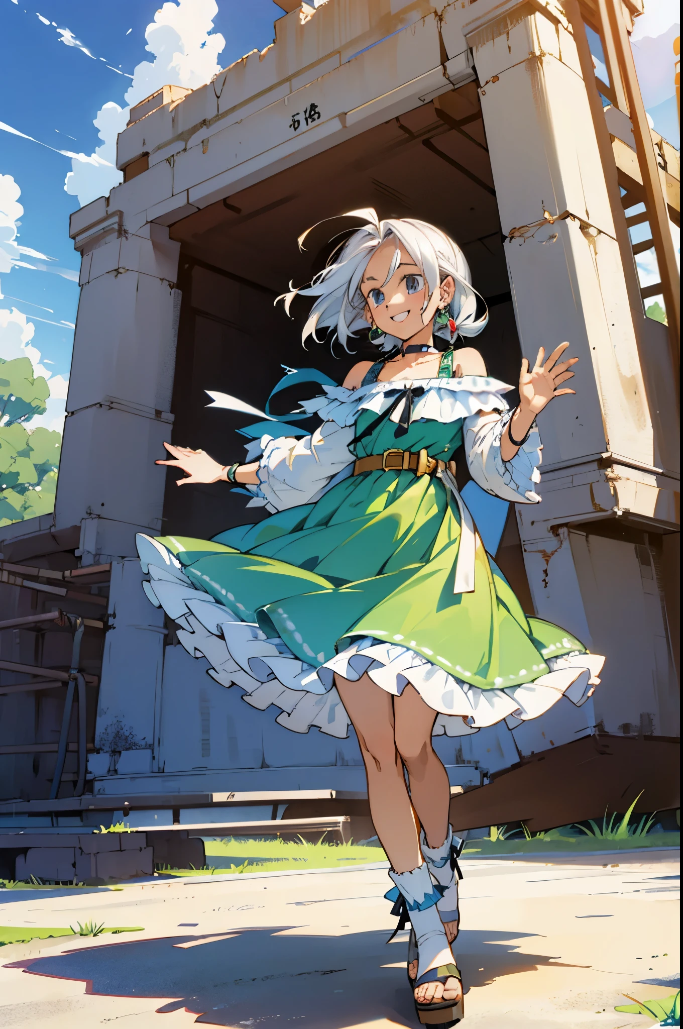 Izana Kurokawa, 1 girl, white hair, fantasy world, Remains, Bang, beautiful sky, shining sky, sunlight, smile, waving, Ruffled Socks, sandals, belt, Wristband, ribbon choker, Dresses that blow the wind, lace dress, Off-shoulder sleeve, both hands, perfect fingers, five fingers, beautiful eyes