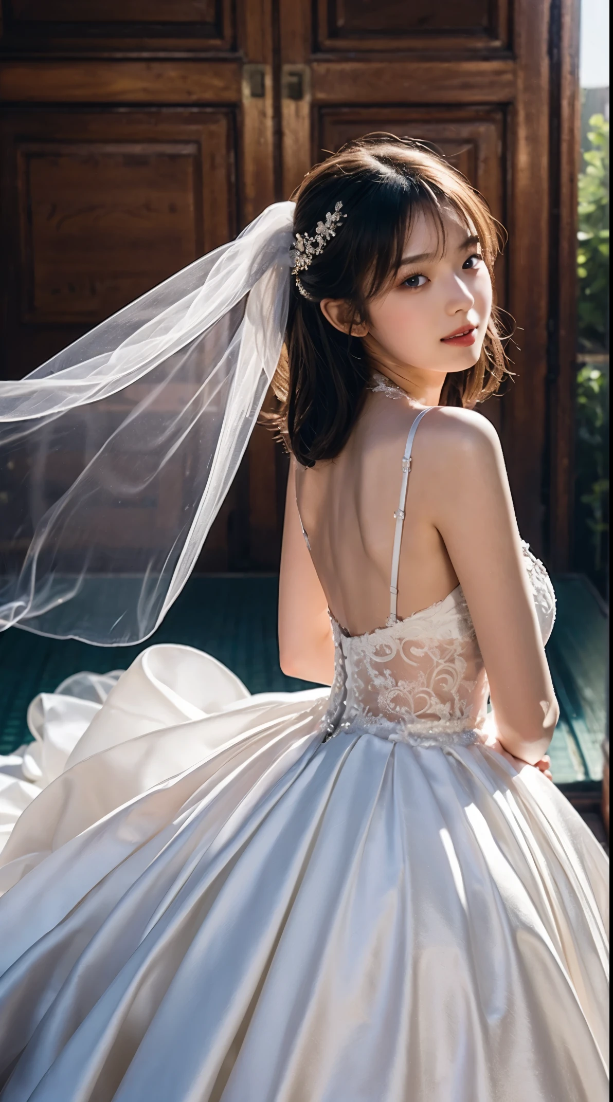 (best quality, high definition, masterpiece:1.2,), Illustration, night, 1girl, full body, (wedding dress), arm behind back, waiting for kiss, looking at viewer, happy, blush,