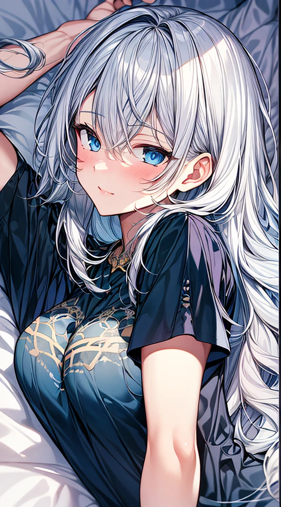 （Enrich the picture，Masterpiece level quality）Beautiful 8K CG artwork,1girl,solo,morgan le fay (fate),detailed face, perfect face, perfect eyes,blue eyes,Long Hair,Very long hair, big boob, grey hair,Slim and soft,big breasts,