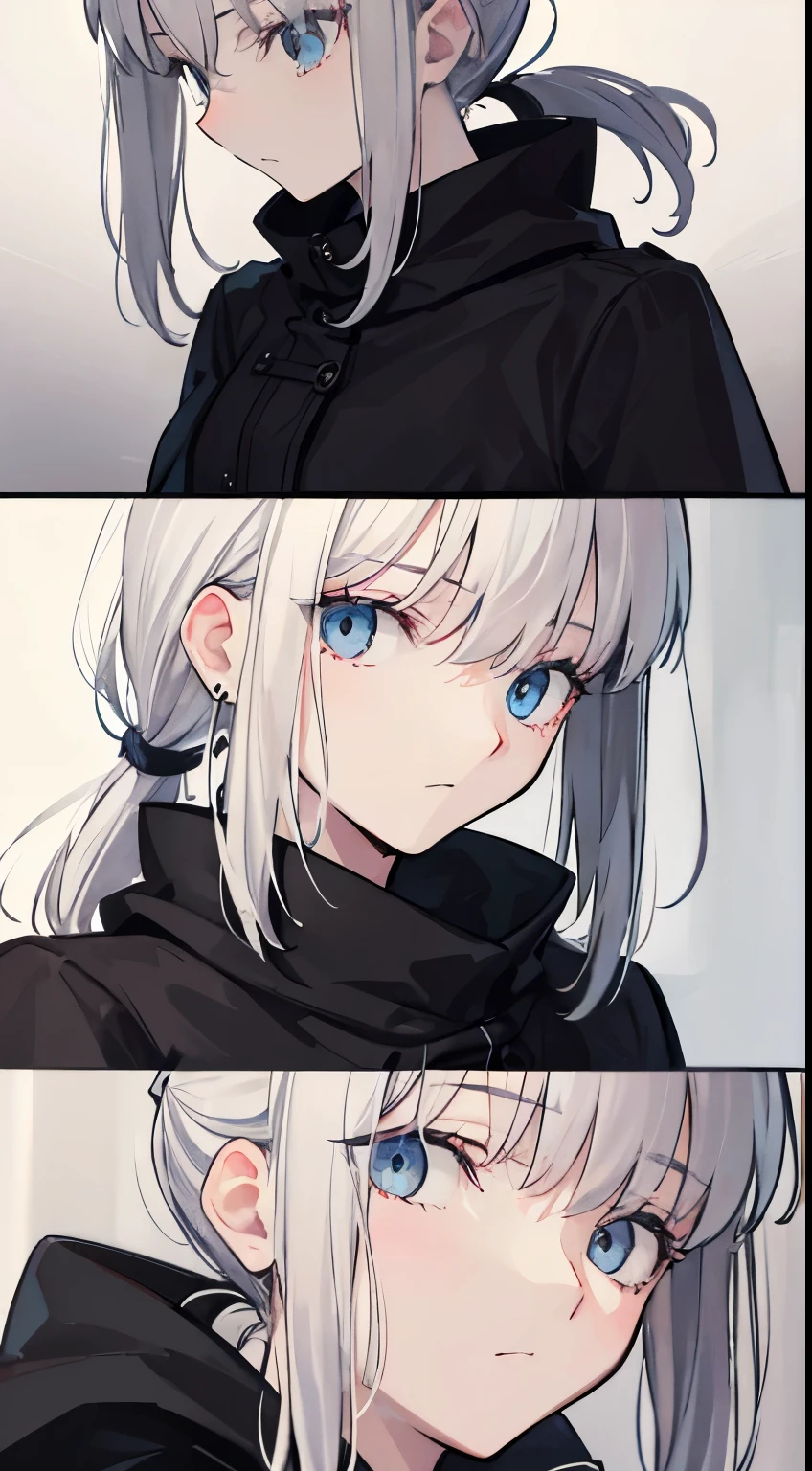 ((Suspicious man's daughter))、big empty blue eyes, petite and slender, ((gray hair,)),(low ponytail hair), In 8K, top quality, (highly detailed head: 1.0), (very detailed face: 1.0), (highly detailed hair: 1.0),((flashy black magic robe))、 black earrings, Detailed official artwork, clean detailed anime art,sex appeal, cool look