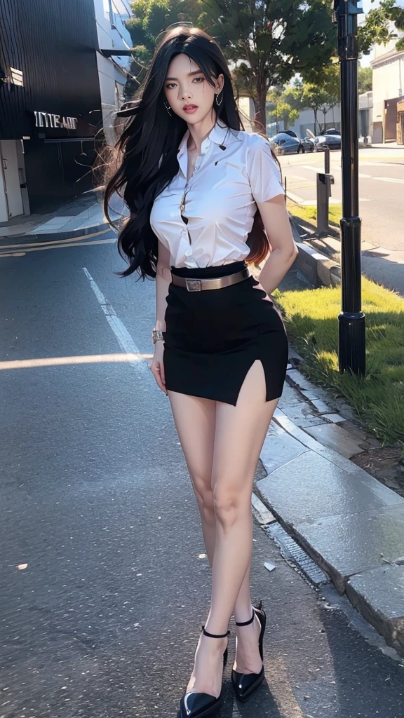 ผู้หญิงญี่ปุ่นที่charming, charming, charmingน่าหลงใหล, ((black hair, long hair long hairมาก, long hairตรง, long hair, The wind is blowing)), ((Beautiful Woman, The texture is realistic., elegant, big girl, dynamic gesture)), ((white short sleeve shirt The shirt is thin and the skin is visible., The chest is clearly visible., Seeing the chest mound., You will see a pile of milk.)), ((short skirt, Black pencil skirt, Black pencil skirtพร้อมเข็มขัดผู้หญิง, Black leather skirt with women's belt)), ((Symmetrical shape, sexy figure)), ((The heel is completely black., earring, Put on a watch, women's jewelry)), ((full body photo, Look at every part of the body.)), ((university backdrop))