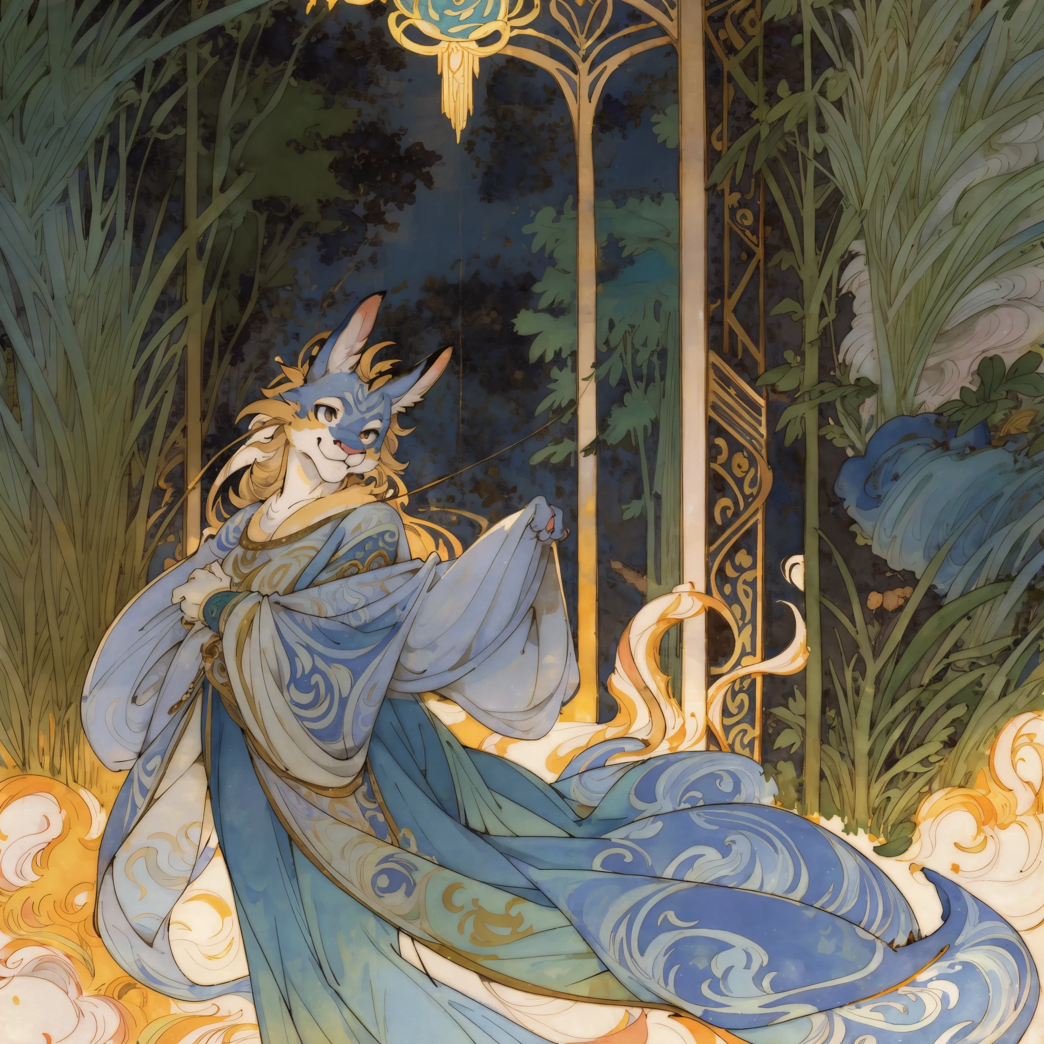 cover page, highres, top quality, best quality, paid reward available, unparalleled masterpiece, perfect artwork, absurdres, High-quality illustrations by Alphonse Mucha, art nouveau, Delicate and elegant linework, flowing hair, Flowing Dresses, Curvilinear lines, Decoration with plant motifs, Geometric decoration, Poetic atmosphere, Rich colors, Dreamy, mystical, Tarot Card(In the forest where the stream flows, Backlighting)perfect ???????(Furry, Solo focus, Dress, Long Globe)(furry anthro:1.7)((furry body, Facial features of dragon,  Features of the doragon's body)))All over body, Archaic Smile (portrait),