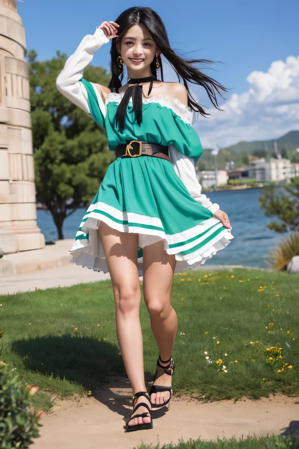 Izana Kurokawa, 1 girl, white hair, fantasy world, Remains, Bang, beautiful sky, shining sky, sunlight, smile, waving, Ruffled Socks, sandals, belt, Wristband, ribbon choker, Dresses that blow the wind, Blue lace dress, Off-shoulder sleeve, both hands, perfect fingers, five fingers, beautiful eyes