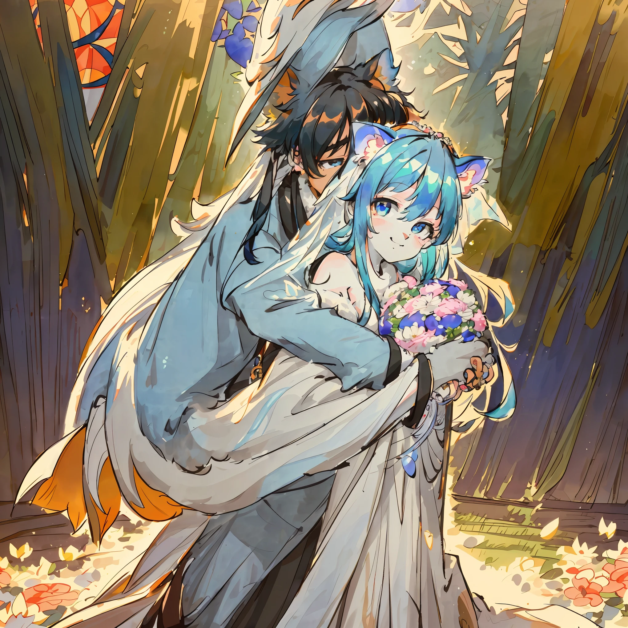 Top quality, ultra-fine illustrations(associations, colorful stained glass with shimmering light, kaleidoscope, wedding aisles lined with jewel-like lamps)(very detailed and beautiful faces, very detailed and beautiful eyes, eyes with lively brilliance)absurdres, perfect anatomy(angelic cute 1girl, kemono, angelic handsome 1boy, couple)(happy wedding, husband in tuxedo, beastman wife in wedding dress, husband hugging wife's shoulders, Two people staring at each other and smiling, wedding photo, bouquet of beautiful flowers, shining wedding ring on ring finger)(furry anthro:1.7)(furry body, animal face features, animal body features)(very detailed fur)full body, smile (dynamic pose),