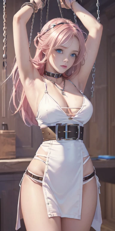 ((masterpiece)), ((best quality)), (ultra-detailed), NSFW, ((torture chamber)),(torture),(((single belt strongly bound waist))),a cute girl, 1girl, solo, (white mini slip dress),(chain bound arms), (both hands are bound and is hung from the ceiling),((thin waist)),((bdsm)),beautiful pink hair, beautiful blue eyes, (beautiful eyes), long hair,troubled expression