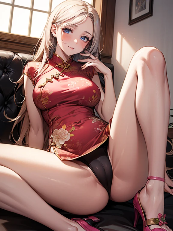 (High resolution), (32K), (very very highly detailed), (Best illustration), (beautiful and delicate eyes), (best quality), (super detailed), (master piece), (Detailed and delicate face), solo,Highly detailed face and skin texture,fine eyes,double eyelid,Spread your legs and use props、very shy、blush、spread legs,high details,Wear pin heels,(dynamic pose),1 female, black long hair , Pitch black eyes, long legs, (camel toe),(((big breasts)))、Exposing genitals without wearing pants,camel's toe,The protruding PUssy ,cocked ass,I grew up sexy、(((Luxurious floral pink cheongsam)))、Forehead、best style、nipple