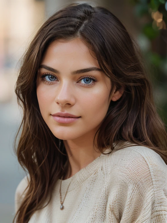 beautiful brunette wearing light beige sweater, very detailed, 21 years old, innocent face, natural wavy hair, blue eyes, high resolution, masterpiece, best quality, intricate details, highly detailed, sharp focus, detailed skin, realistic skin texture, texture, detailed eyes, professional, 4k, charming smile, shot on Canon, 85mm, shallow depth of field, kodak vision color, perfect fit body, extremely detailed, foto_\(ultra\), photorealistic, realistic, post-processing, maximum detail, roughness, real life, ultra realistic, photorealism, photography, 8k uhd, photography