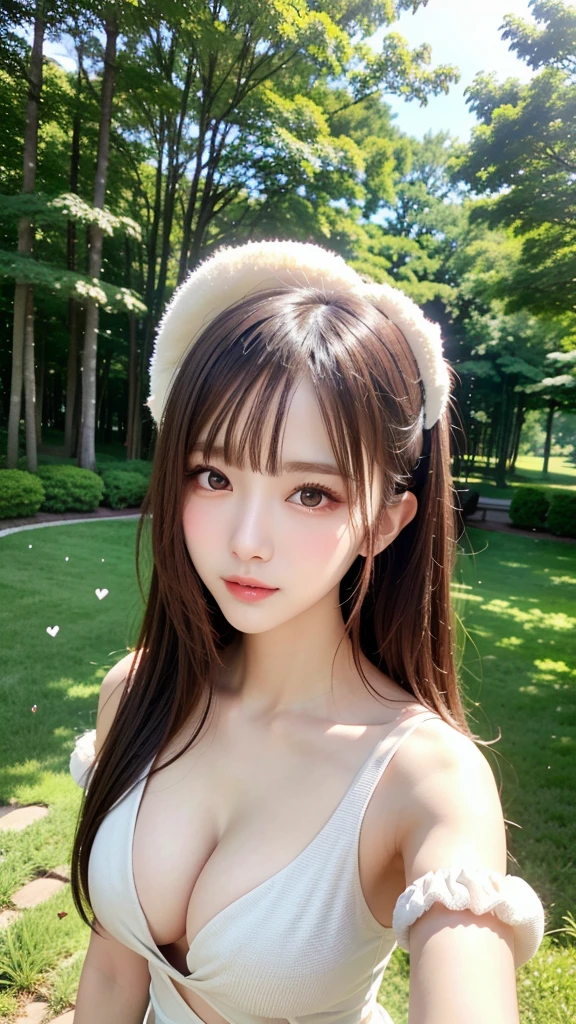 (heart particles:1.3)、whole body、Masseter muscle part, highest quality, Super detailed, small details, High resolution, 8K Dende Wallpaper, perfect dynamic composition, beautiful and detailed eyes, natural lip, Clothes with fluffy sleeves , big breasts、have cleavage, random sexy pose、garden、grass、Spanning the bench