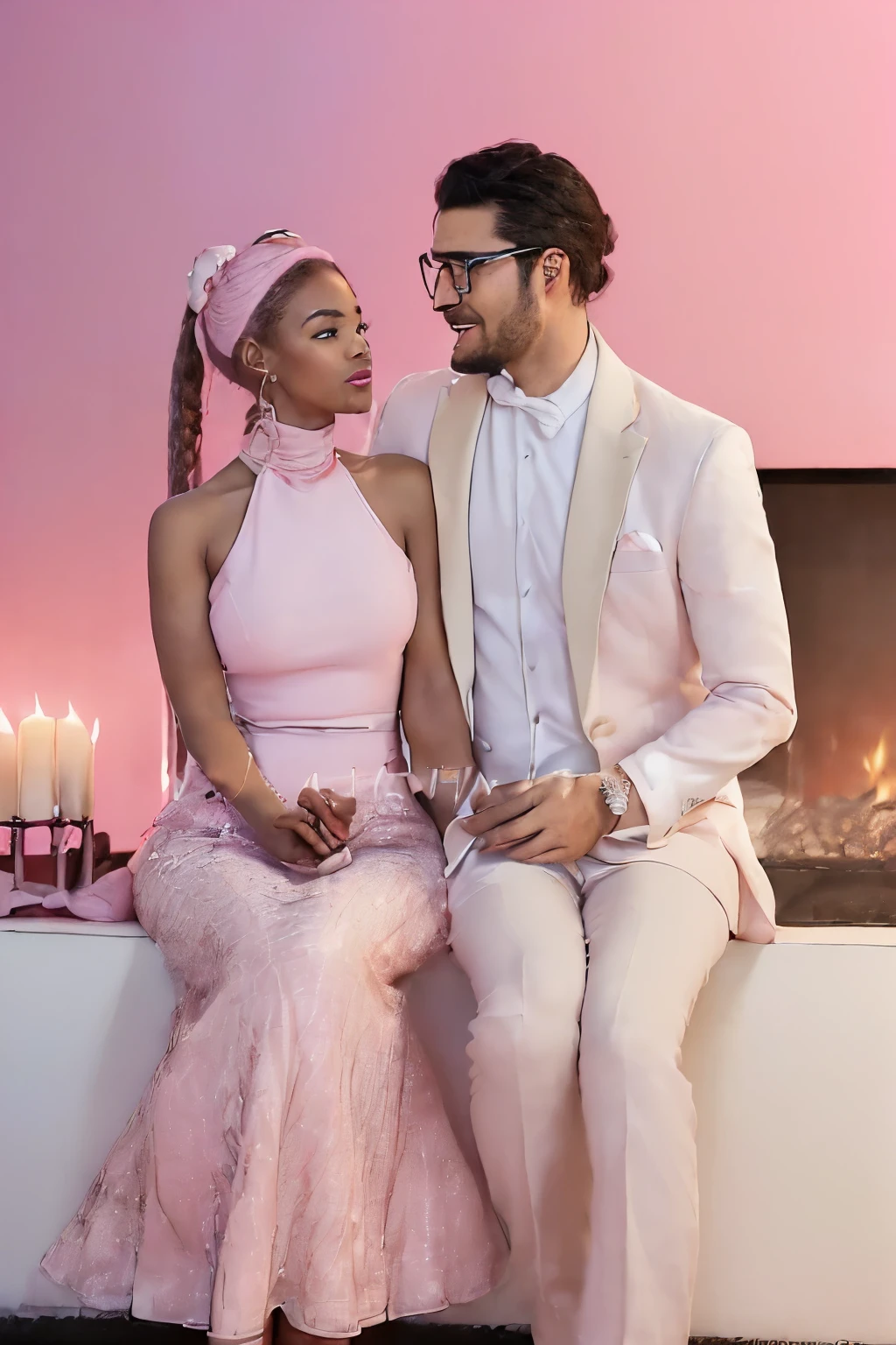 ((best quality)), ((masterpiece)), (detailed), perfect face
((A couple in love are walking)) ((on the bay of Marseille)) ((hand in hand((, ((the woman is African)), she is wearing ((a pink evening dress)), (( she has an afro hairstyle with a beautiful ponytail sign)),((the man has white skin)), ((the European style man and he wears a nice suit))he wears pants and a white shirt. The woman has a beautiful face, and the man is a handsome man. portrait; ((Valentine's Day environment)), ((in a room decorated for Valentine's Day with a fireplace)), ((the couple is sitting around a table with a feast and two glasses of wine for dinner)), dans un chateau