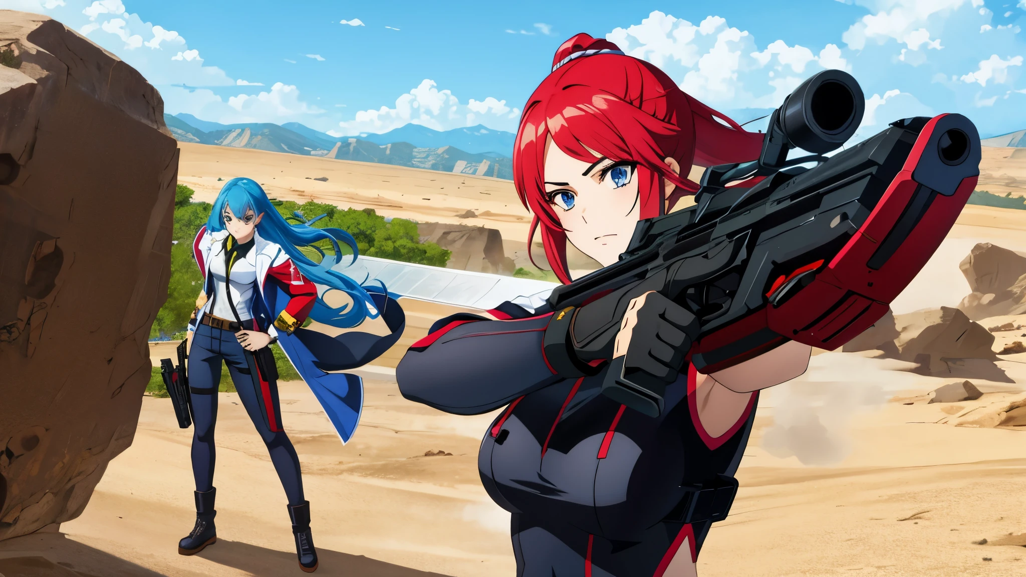 best qualty, 1 attractive girl ,1 boy, with guns in action , in anime , in battle
