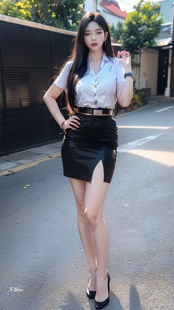 ผู้หญิงญี่ปุ่นที่charming, charming, charmingน่าหลงใหล, ((black hair, long hair long hairมาก, long hairตรง, long hair, The wind is blowing)), ((Beautiful Woman, The texture is realistic., elegant, big girl, dynamic gesture)), ((white short sleeve shirt The shirt is thin and the skin is visible., The chest is clearly visible., Seeing the chest mound., You will see a pile of milk.)), ((short skirt, Black pencil skirt, Black pencil skirtพร้อมเข็มขัดผู้หญิง, Black leather skirt with women&#39;s belt)), ((Symmetrical shape, sexy figure)), ((The heel is completely black., earring, Put on a watch, women&#39;s jewelry)), ((full body photo, Look at every part of the body.)), ((university backdrop))